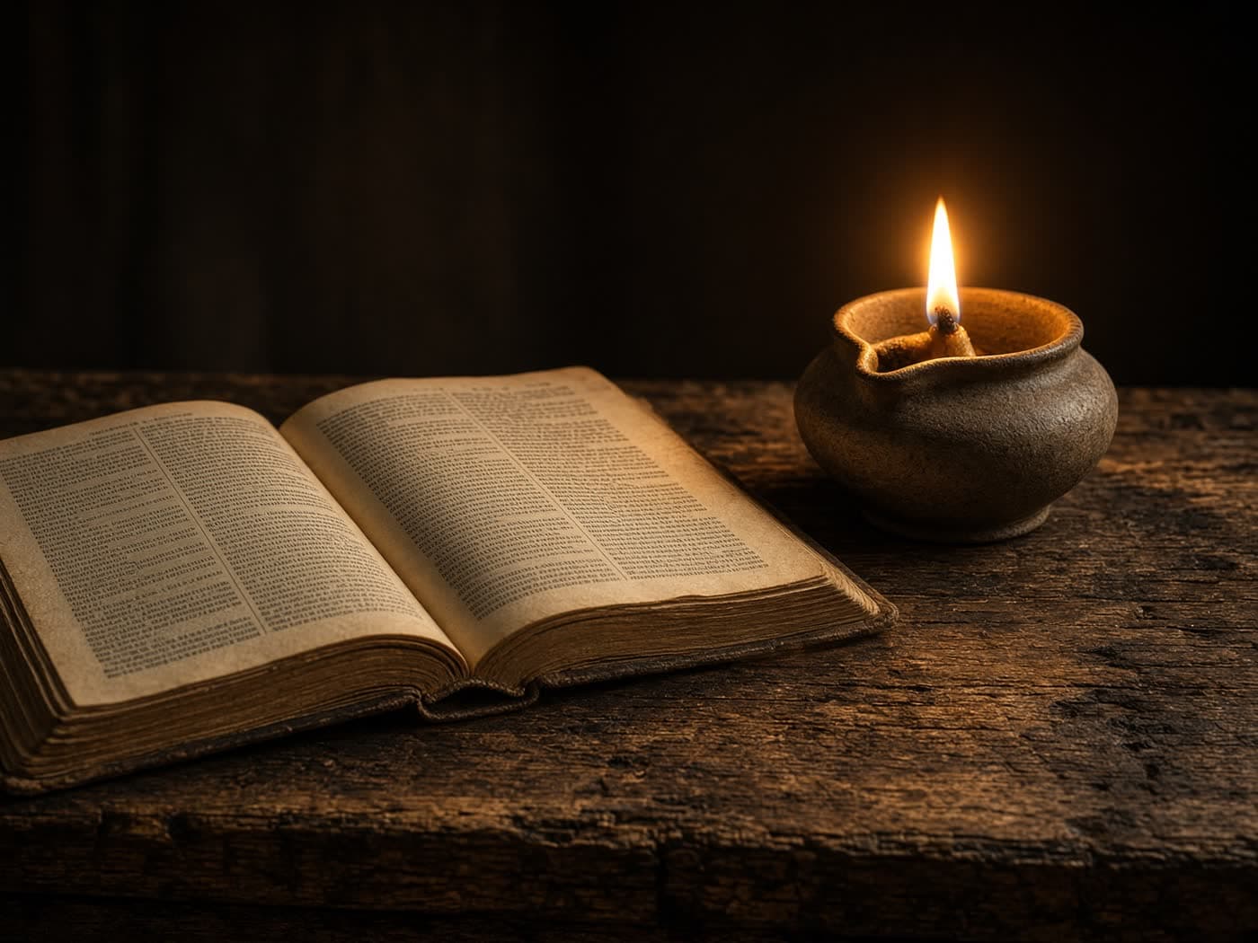 An open Bible beside a burning oil lamp.