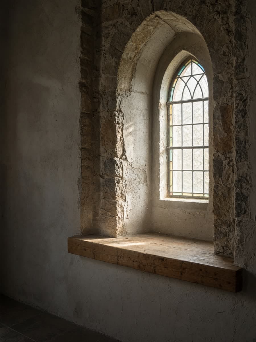 Soft daylight falling through a chapel window.